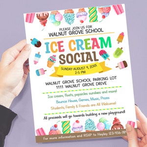 EDITABLE Ice Cream Social Flyer, Summer Ice Cream Party, Watercolor Flyer Template, Church School PTA PTO Flyer image 5