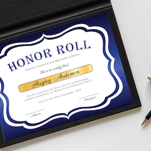 Editable Honor Roll Certificate Template, Royal Blue School Award Printable Award, Elementary High School Award, Certificate Download image 4