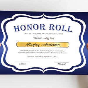 Editable Honor Roll Certificate Template, Royal Blue School Award Printable Award, Elementary High School Award, Certificate Download image 3