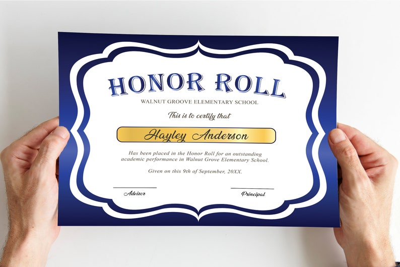 Editable Honor Roll Certificate Template, Royal Blue School Award Printable Award, Elementary High School Award, Certificate Download image 3