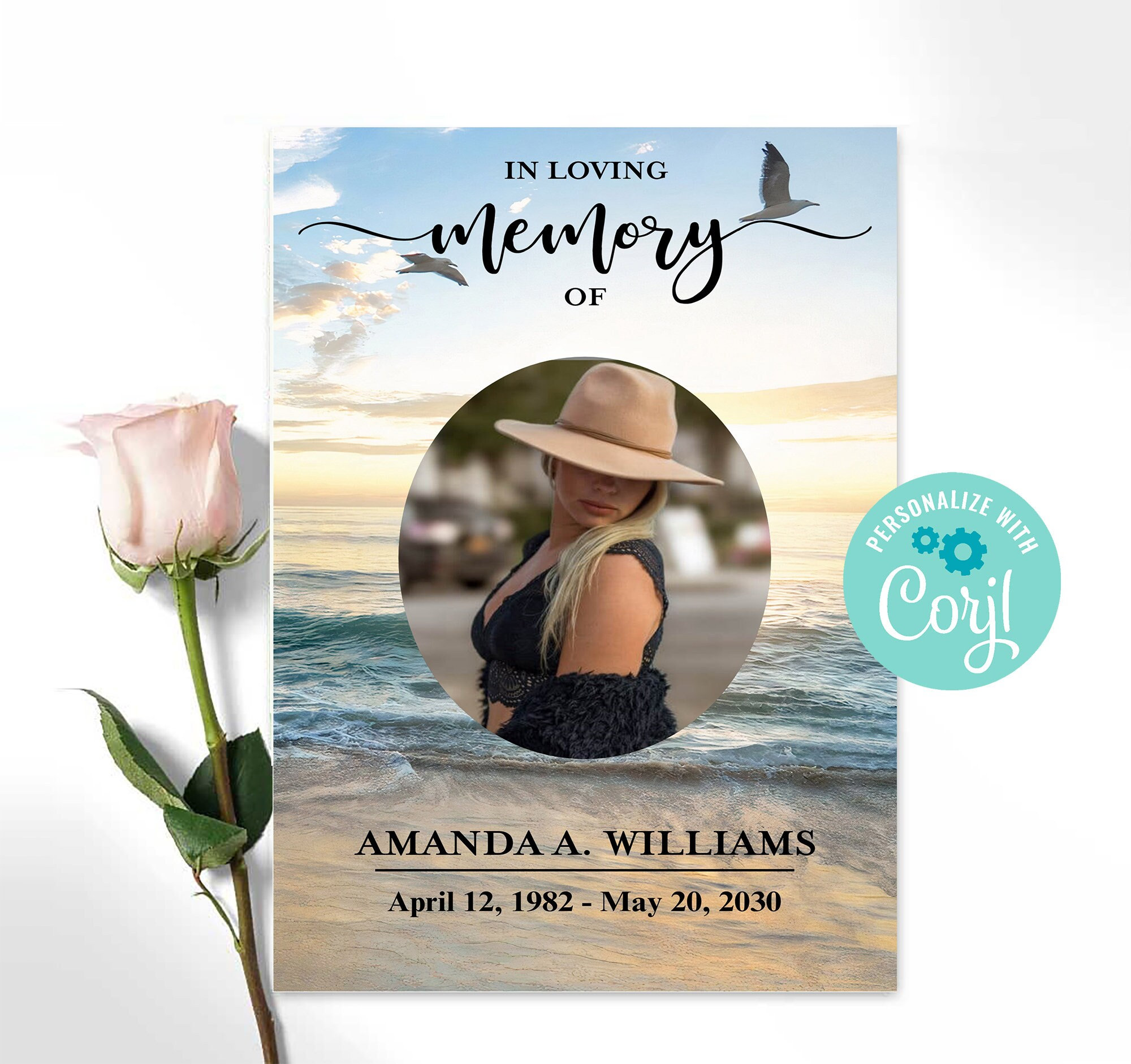 Blue Ocean Obituary Template, 4 Page Ocean Themed Funeral Brochure Editable In Corjl
