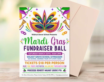 Editable Mardi Gras Fundraiser Flyer Template, Mardi Gras Class Party Invite, Masquerade Theme School  Party, Pto Pta Event, Paperless Post