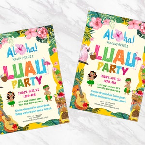 May include: Two colorful invitations for a Luau party. The invitations feature a yellow background with tropical leaves, flowers, and a pink flamingo. The text on the invitations reads "Aloha! Hula on over for a Luau Party." The invitations also include the date, time, and location of the party.