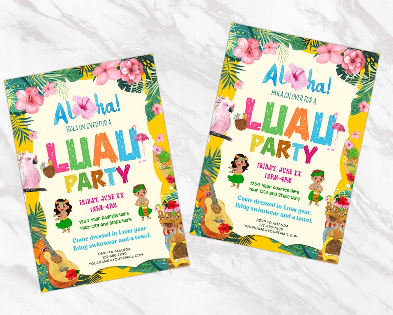 May include: Two colorful invitations for a Luau party. The invitations feature a yellow background with tropical leaves, flowers, and a pink flamingo. The text on the invitations reads "Aloha! Hula on over for a Luau Party." The invitations also include the date, time, and location of the party.