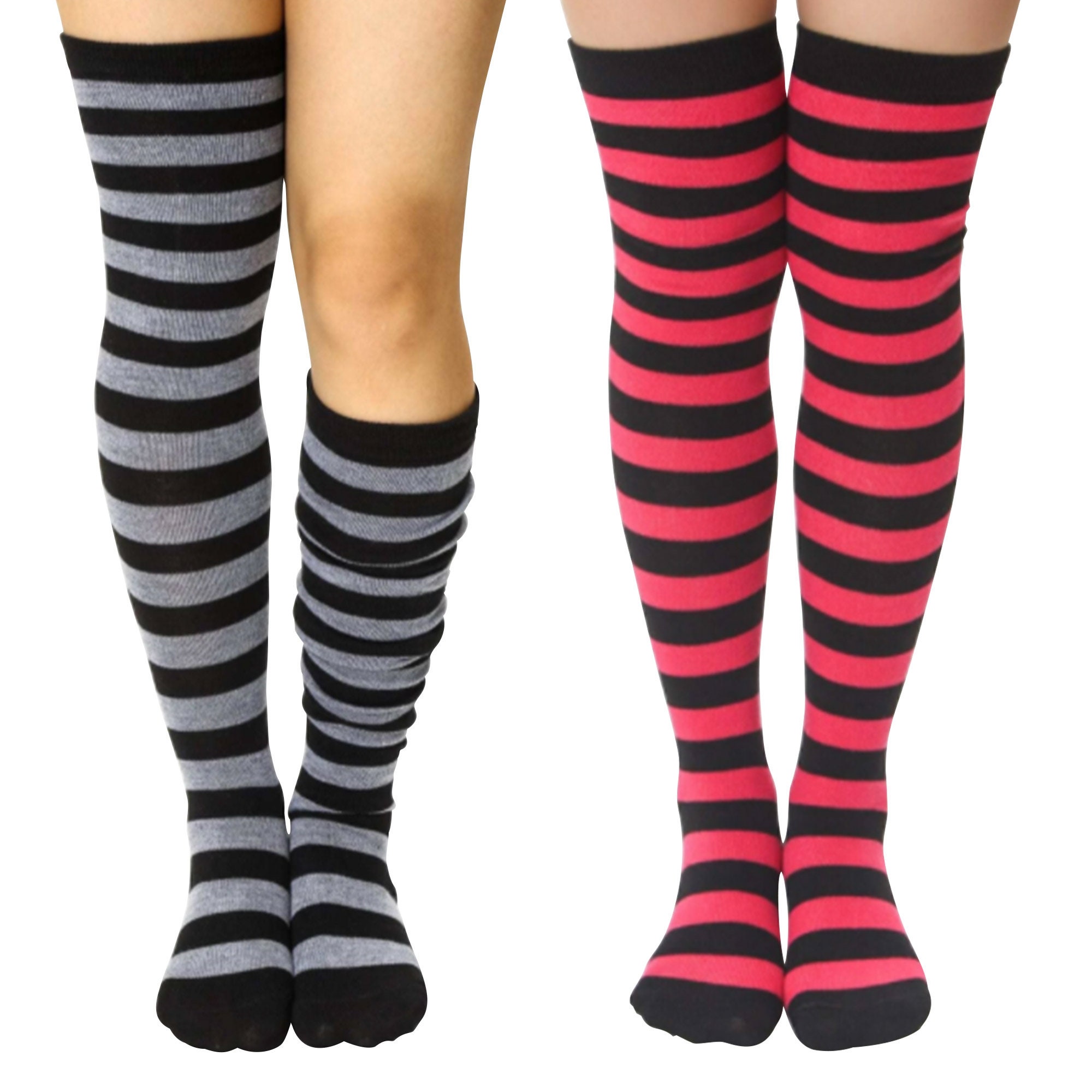 Black Red Thigh High Socks Stripped Knee High Socks Over | Etsy