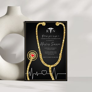 Nurse Graduation Invitation Black and Gold, Nursing Grad Invite Template, Graduation Party Invitation