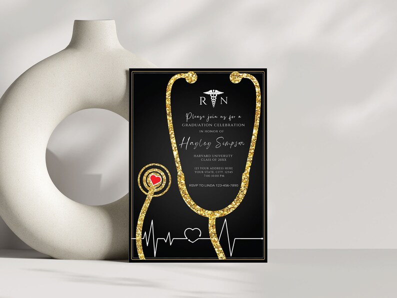 Nurse Graduation Invitation Black and Gold, Nursing Grad Invite Template, Graduation Party Invitation