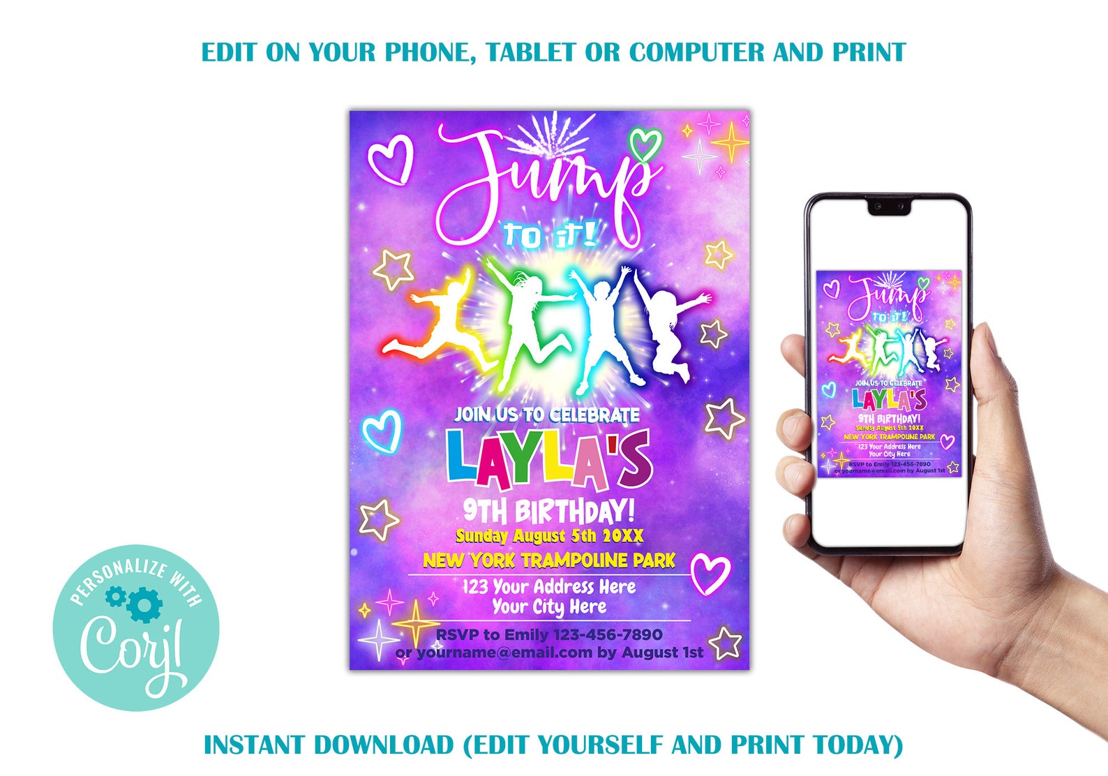 EDITABLE Trampoline Birthday Invitation Template Neon | Etsy