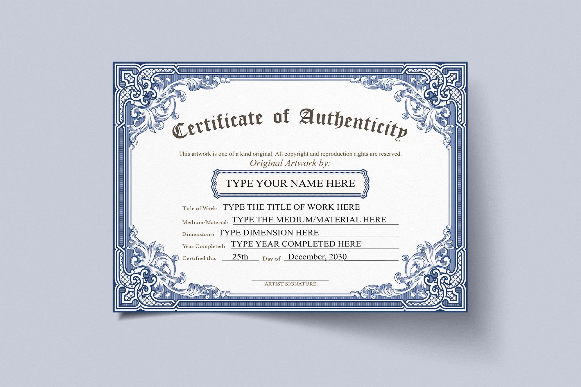 鯰江光二　CERTIFICATE OF AUTHENTICITY EDITABLE Certificate of Authenticity for Original Work, Blue