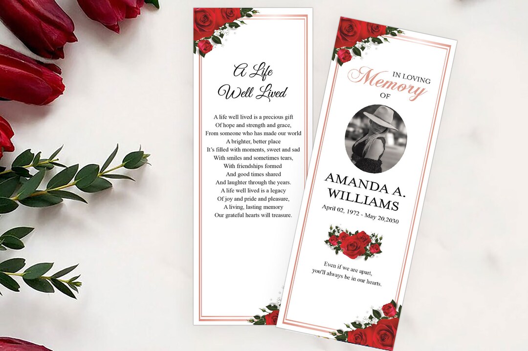 Editable Funeral Bookmark Template, Red Rose Obituary Bookmark Funeral