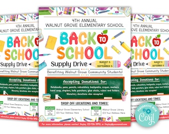 Editable Back to School Flyer, Colorful School Supply Drive Flyer, School Fundraiser, Flyer Template
