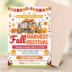 Editable Fall Harvest Festival Flyer Template, Fall Event Party Invite, Autumn School Church Community Fall Harvest Flyer Invitation
