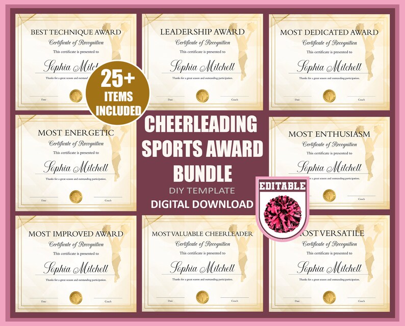 EDITABLE End of Season Cheer Awards, 25 Plus Cheerleading Certificate Templates, Brown Gold Custom Cheerleading Gifts for a Team image 1