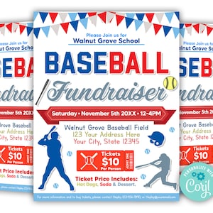 May include: A baseball fundraiser flyer with a blue and red baseball graphic, a red and white ticket price, and the text "Baseball Fundraiser" in a vintage font. The flyer advertises a fundraiser for Walnut Grove School on Saturday, November 5th, from 12-4PM. The flyer includes the location of the event, Walnut Grove Baseball Field, and the price of tickets, $10 per person. The flyer also includes a list of what is included with the ticket price: hot dogs, soda, and dessert.