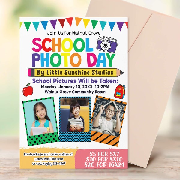 Editable School Photos Flyer, Business Photography Studio, School Pto Pta, Kids Back to School Graduation Yearbook Photos, Paperless Post