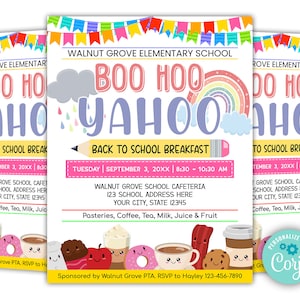 May include: A colorful back to school breakfast invitation with a rainbow, clouds, and raindrops. The text reads "Boo Hoo Yahoo!" and includes the date, time, and location of the event. The invitation is sponsored by the Walnut Grove PTA.