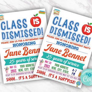 EDITABLE Teacher Retirement Invitation, Class is Dismissed Retirement Party