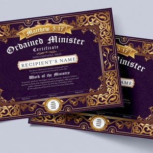 DIY Certificate of Ordination Template, Editable Ministry Certificate Template, Purple and Gold Printable Ordained Minister Certificate