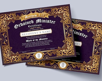 DIY Certificate of Ordination Template, Editable Ministry Certificate Template, Purple and Gold Printable Ordained Minister Certificate