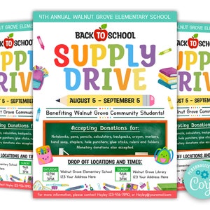 Editable School Supply Drive Flyer, Colorful Back to School Drive Flyer, School, PTO PTA Fundraiser Flyer