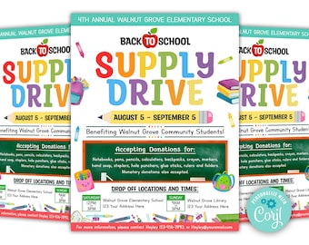 Editable School Supply Drive Flyer, Colorful Back to School Drive Flyer, School, PTO PTA Fundraiser Flyer