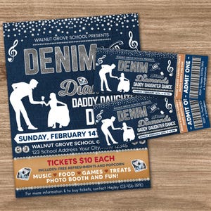 Editable Daddy Daughter Dance Denim and Diamonds Flyer and Ticket Template, Blue Jeans and Bling Theme, School Pto Pta Fundraiser Invite