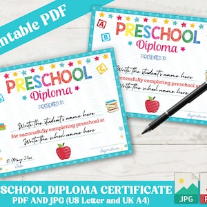 Druckbare PDF-Vorlage für das Vorschul-Zertifikat, Vorlage für das Vorschul-Diplom, sofortiger Download