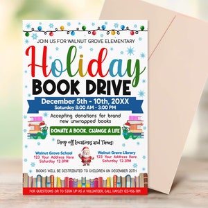 Holiday Book Drive Flyer, Editable PTA PTO Book Donations Template, Winter Charity School Church Fundraiser Invite
