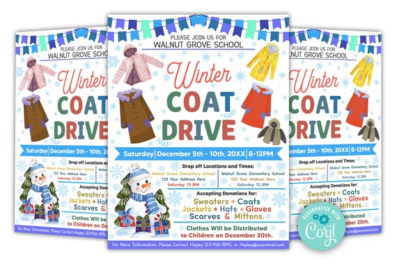 Editable Winter Coat Drive Flyer Template, DIY Charity Church Fundraiser Invite, Printable PTA PTO, Cold Weather Clothes Donations Flyer Il_570xn