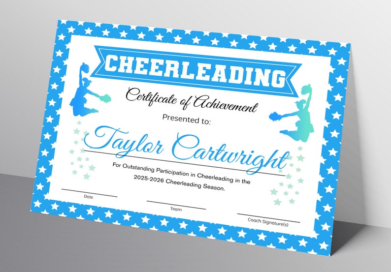 Editable Cheer Certificate Light Blue Cheerleading Gifts - Etsy