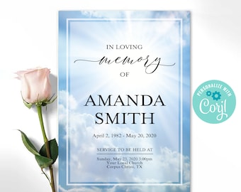 Blue Sky Funeral Brochure, Editable 4 Page Blue Funeral Program