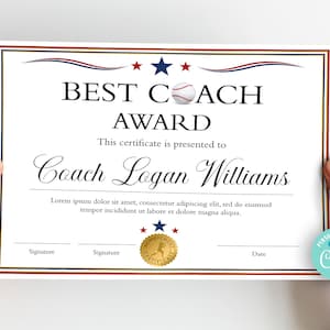 Downloadable Baseball Coach Certificate Template,  Best Baseball Coach  of the Year Template, Baseball Coach Recognition Award, Sports Coach