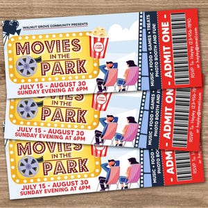 Editable Movies In The Park Ticket Template, Community Benefit Fundraiser, Movies in the Park Ticket, Printable Invitation Ticket