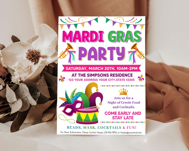 Mardi Gras Party Flyer Template, Editable Mardi Gras Celebration Invite