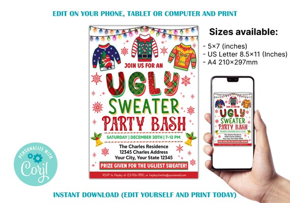 Ugly Sweater Party Flyer Template Editable Ugly Sweater Holiday