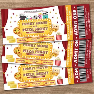 Editable Pizza and Movie Night TicketTemplate, Cinema Movie Invitation Ticket, PTO PTA Ticket, School Church Benefit Fundraiser Event Ticket