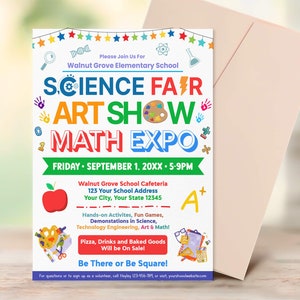 Editable Science Fair, Art Show, and Math Expo Flyer, PTO PTA School Flyer, Science Art Mathematics, Fundraiser Template,