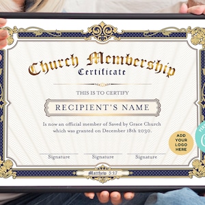 Church Membership Certificate Editable Template, DIY Blue and Gold Member Certificate