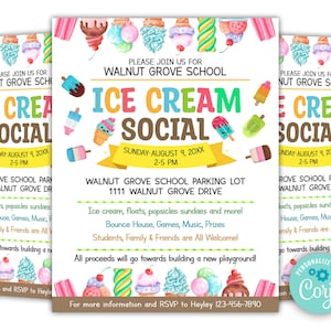 EDITABLE Ice Cream Social Flyer, Summer Ice Cream Party, Watercolor Flyer Template, Church School PTA PTO Flyer