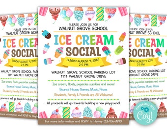 EDITABLE Ice Cream Social Flyer, Summer Ice Cream Party, Watercolor Flyer Template, Church School PTA PTO Flyer