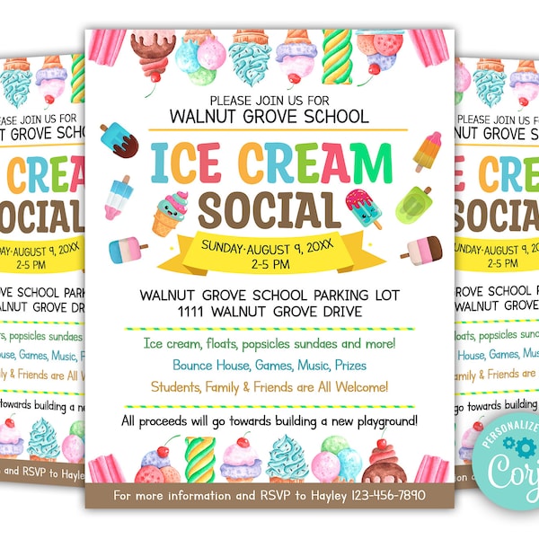 EDITABLE Ice Cream Social Flyer, Summer Ice Cream Party, Watercolor Flyer Template, Church School PTA PTO Flyer