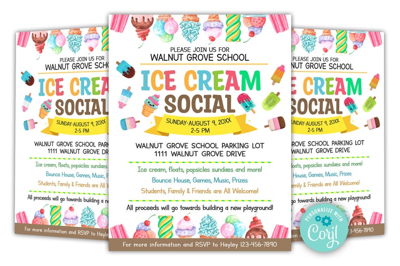 EDITABLE Ice Cream Social Flyer, Summer Ice Cream Party, Watercolor Flyer Template, Church School PTA PTO Flyer image 1