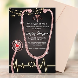 Editable Nurse Graduation Invitation Black and Rose Gold, Nursing Grad Invite Template, Graduation Party Invitation,