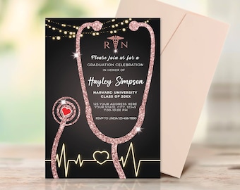 Editable Nurse Graduation Invitation Black and Rose Gold, Nursing Grad Invite Template, Graduation Party Invitation,