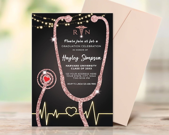 Editable Nurse Graduation Invitation Black and Rose Gold, Nursing Grad Invite Template, Graduation Party Invitation,