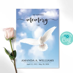 May include: A white dove flies against a blue sky with white clouds. The text "IN LOVING memory OF" is at the top of the image. The text "AMANDA A. WILLIAMS April 12, 1912 - May 20, 2020" is at the bottom of the image. The text "PERSONALIZE WITH Coril" is in a circle with a teal background and white gear icons.