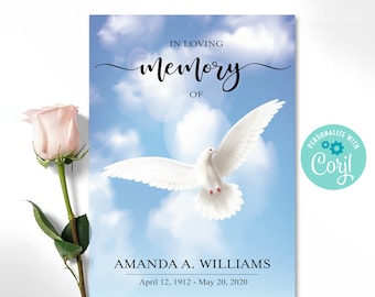 Blue Sky White Dove Funeral Program, Editable 4 Page Program for Funeral Print, Printable Funeral Program, Obituary Program Template