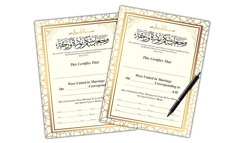 May include: Two blank Islamic marriage certificates with gold accents and ornate calligraphy. The text reads "This certifies that... were united in marriage... corresponding to A.H."
