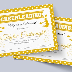 EDITABLE Cheerleader Certificate, Yellow Cheer Certificates Sports Award, Cheerleader Award, Cheerleading Printable