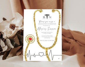 Editable Nurse Graduation Invitation , White and Gold Graduation Party Invitation, Nursing Grad Invite Template, Instant Download